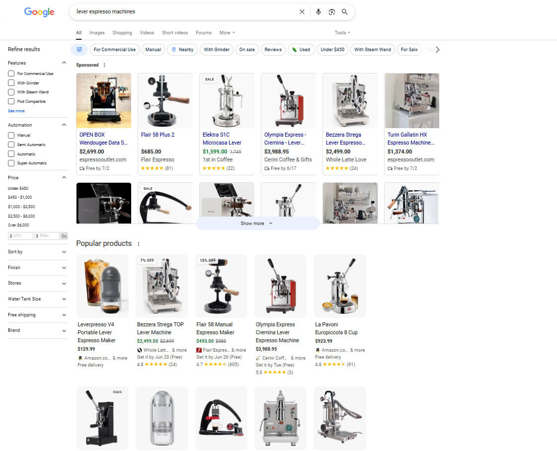Google Search results for lever espresso machines