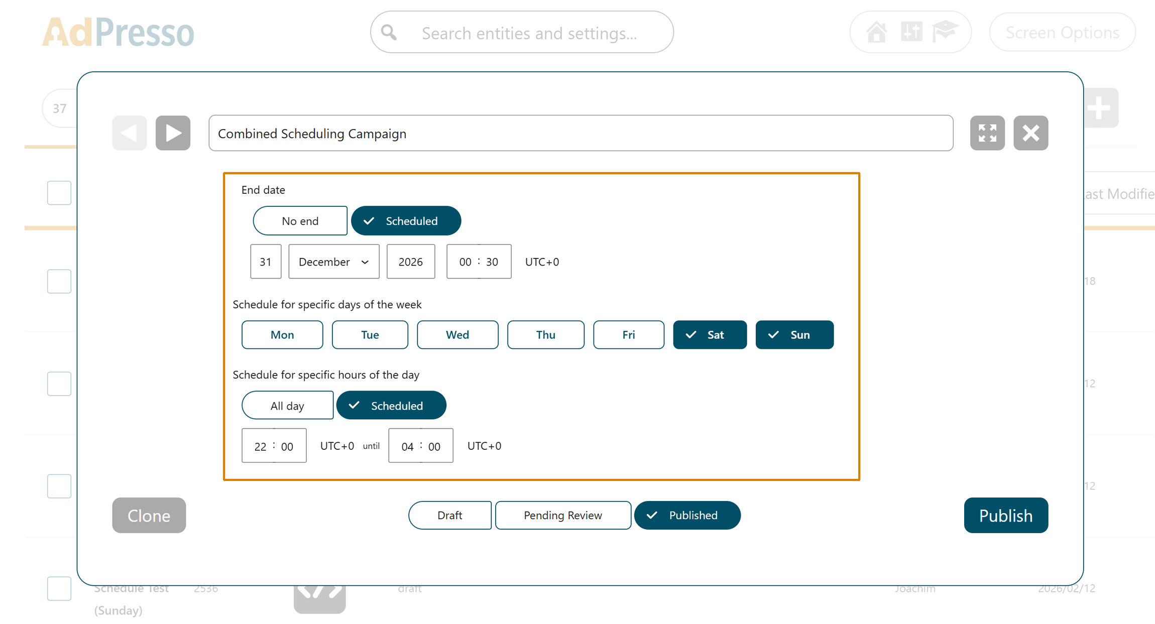 AdPresso ad scheduling options
