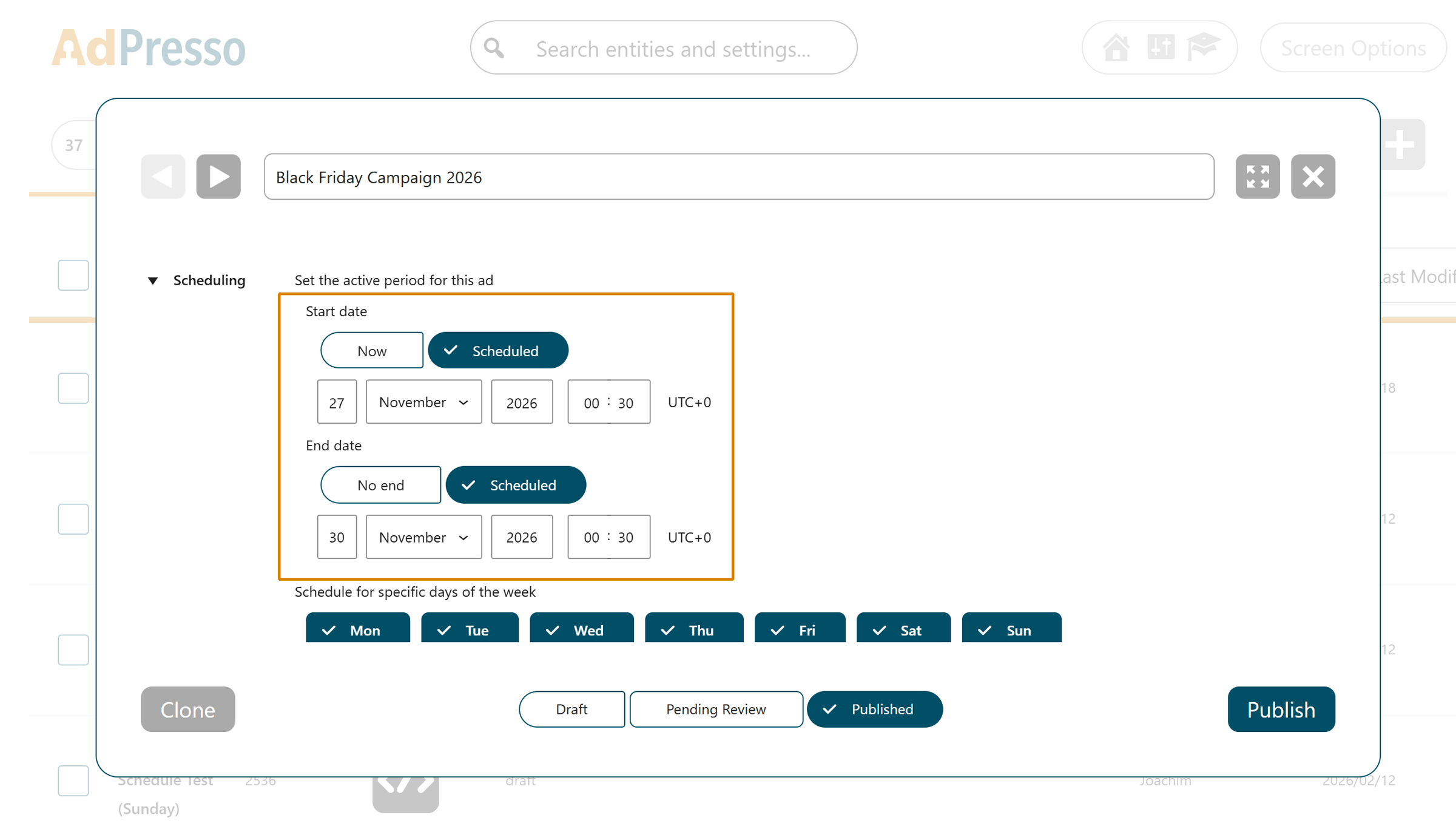 AdPresso active period scheduling option
