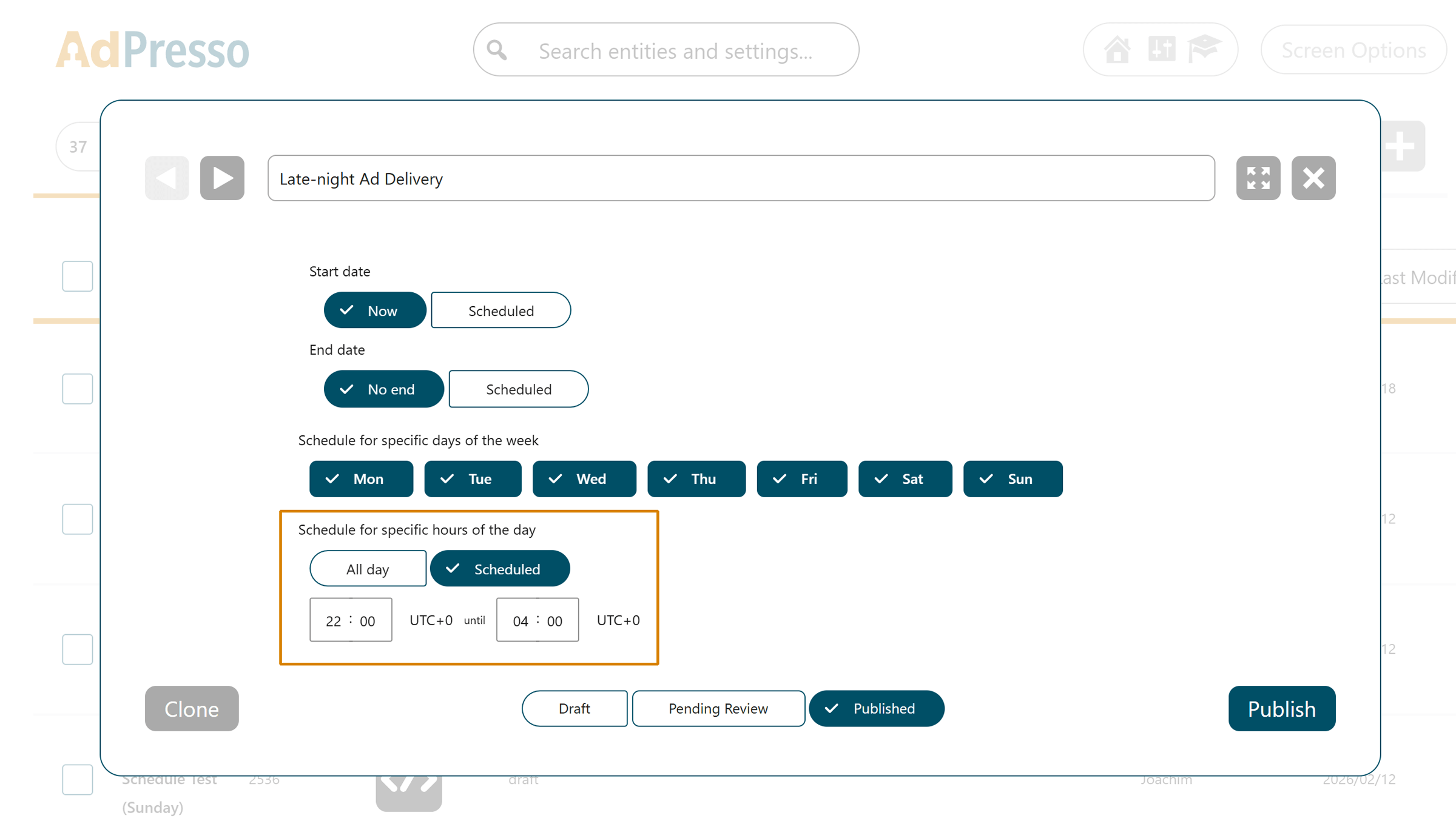 AdPresso ad scheduling by hour