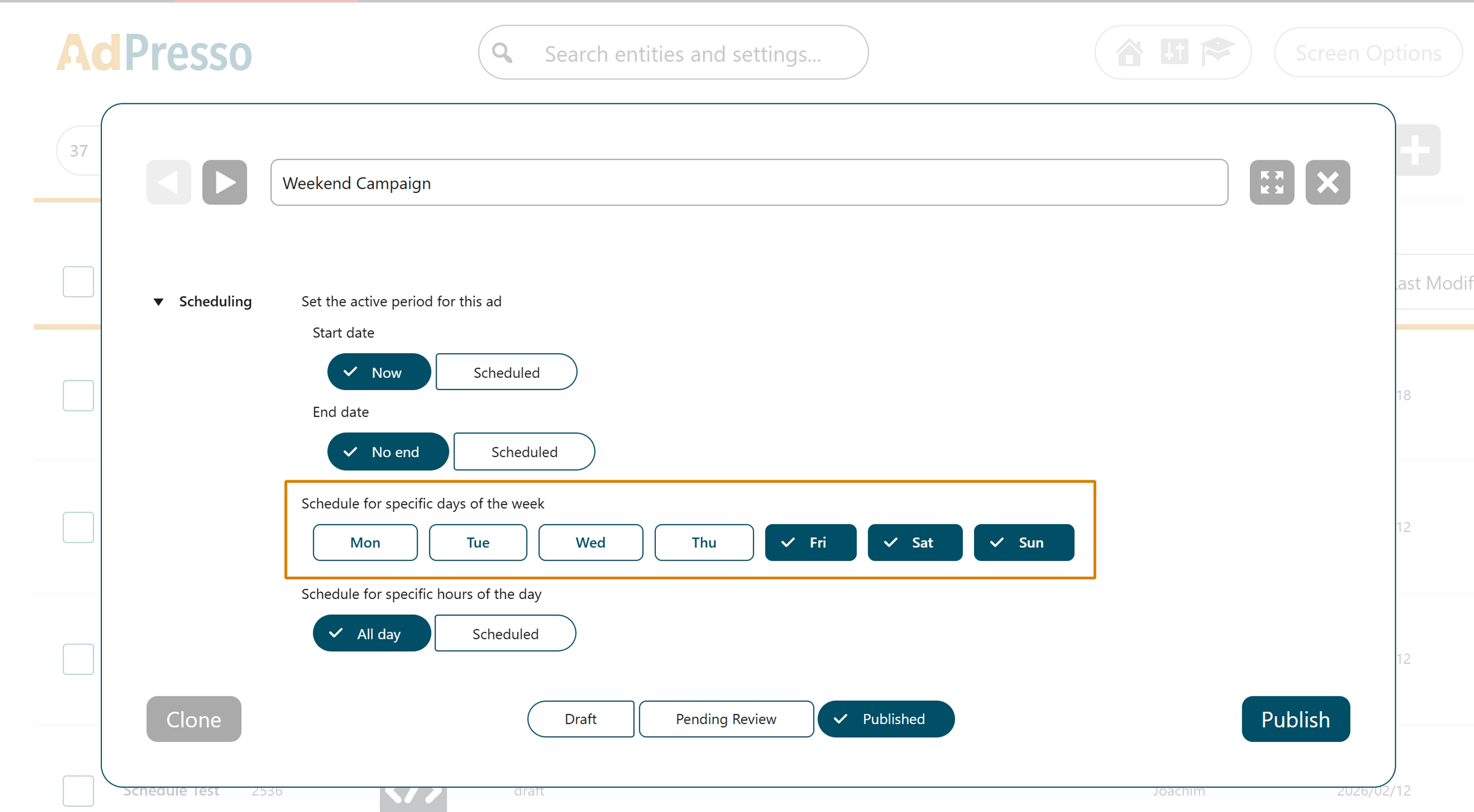 AdPresso scheduling per day