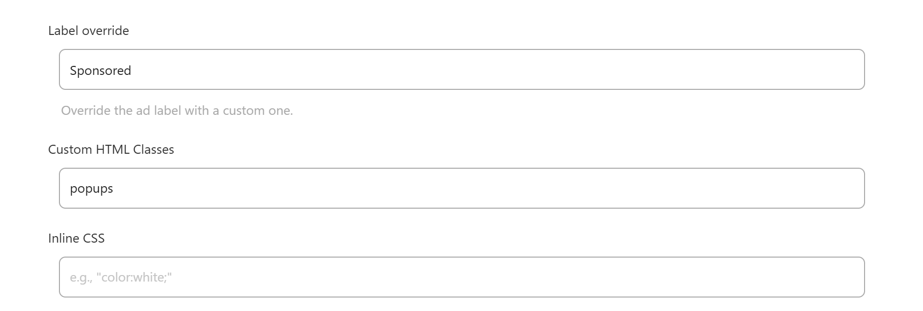 Placement Label and Class settings
