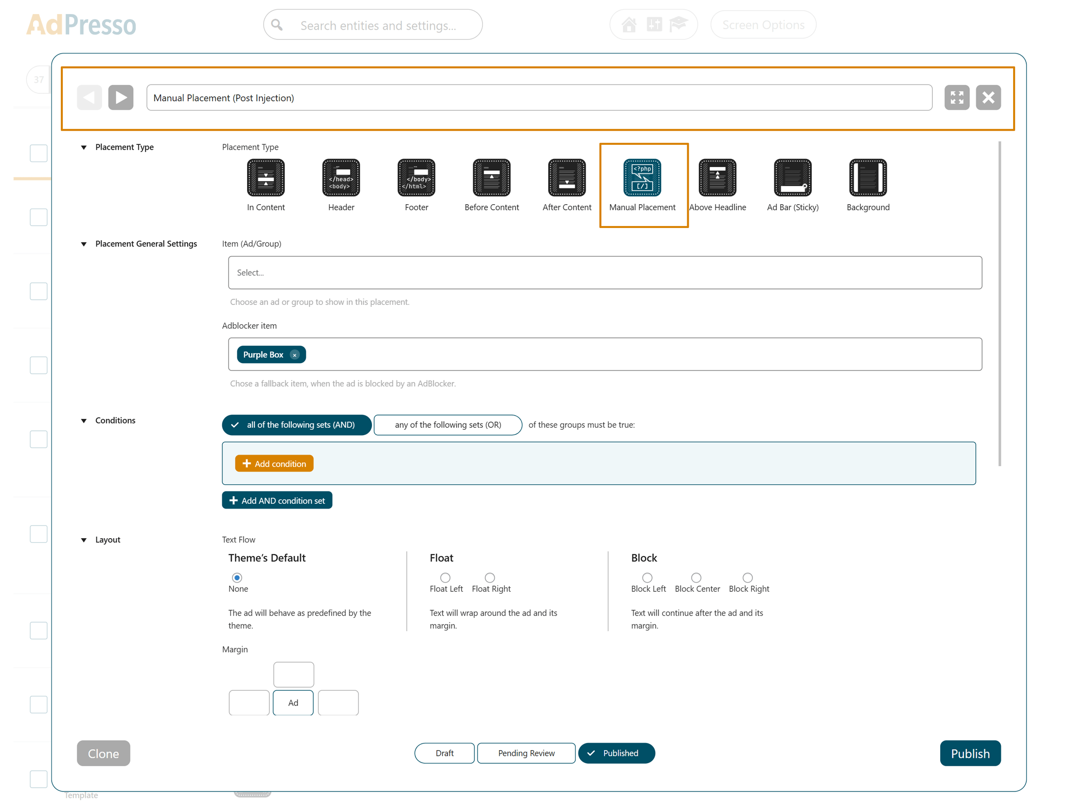 Manual Placement settings AdPresso