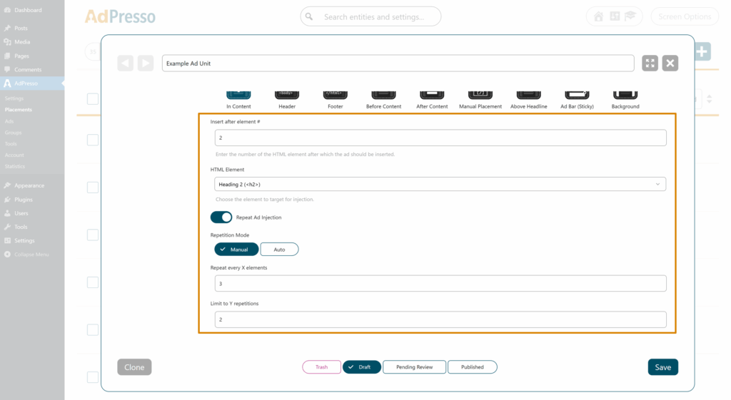 Content Placement limited ad repeat