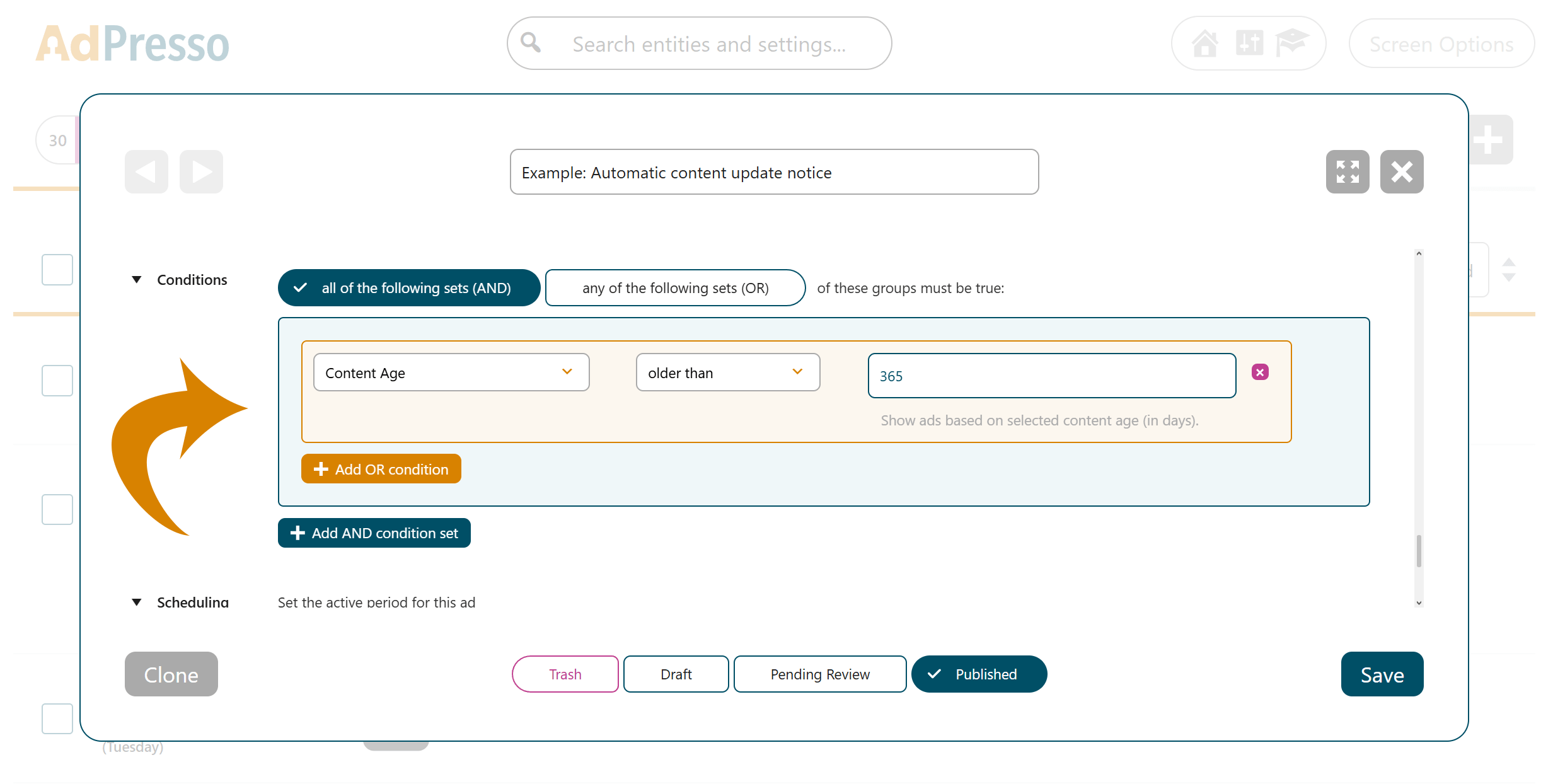 AdPresso Content Age Condition Settings