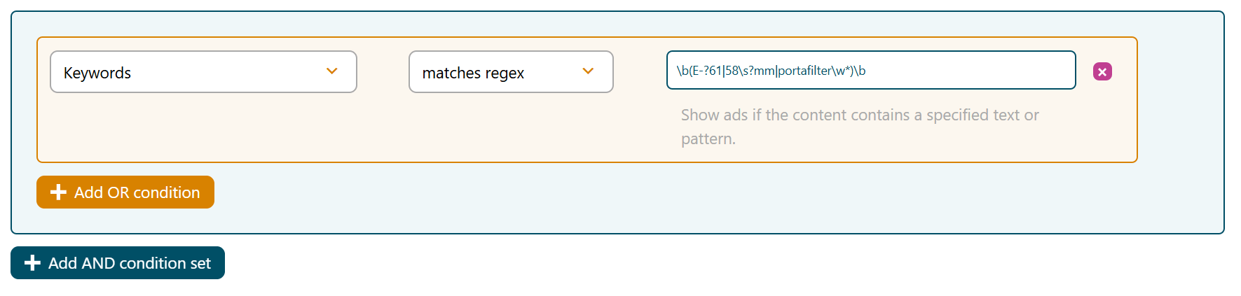 Example setting keywords condition with RegEx