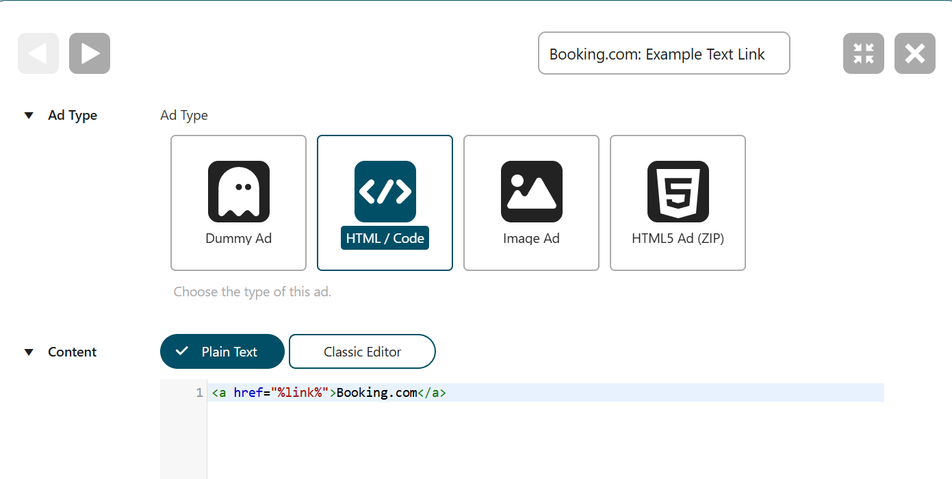 HTML/Code ad type