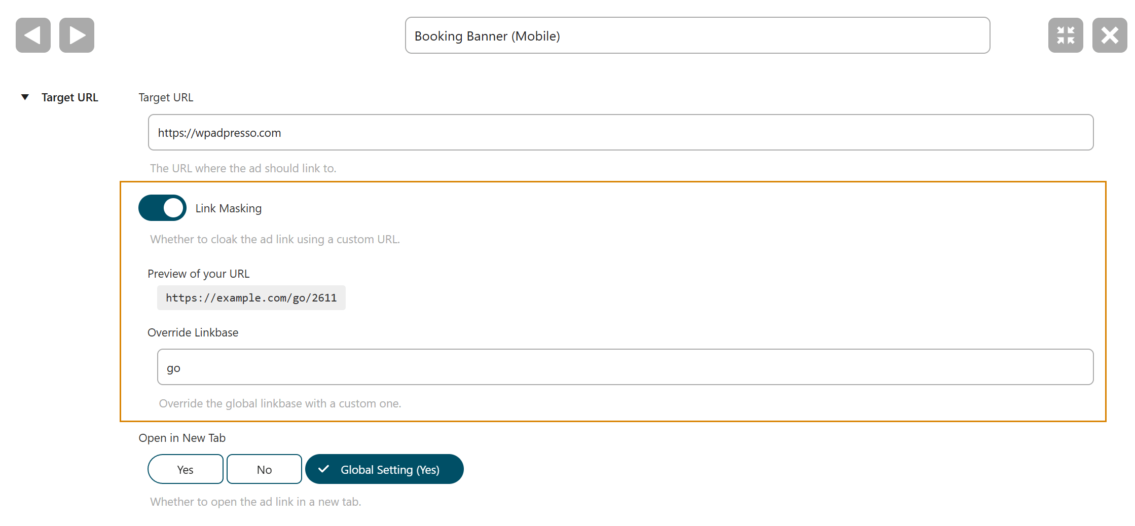 Link Masking settings for specific ads