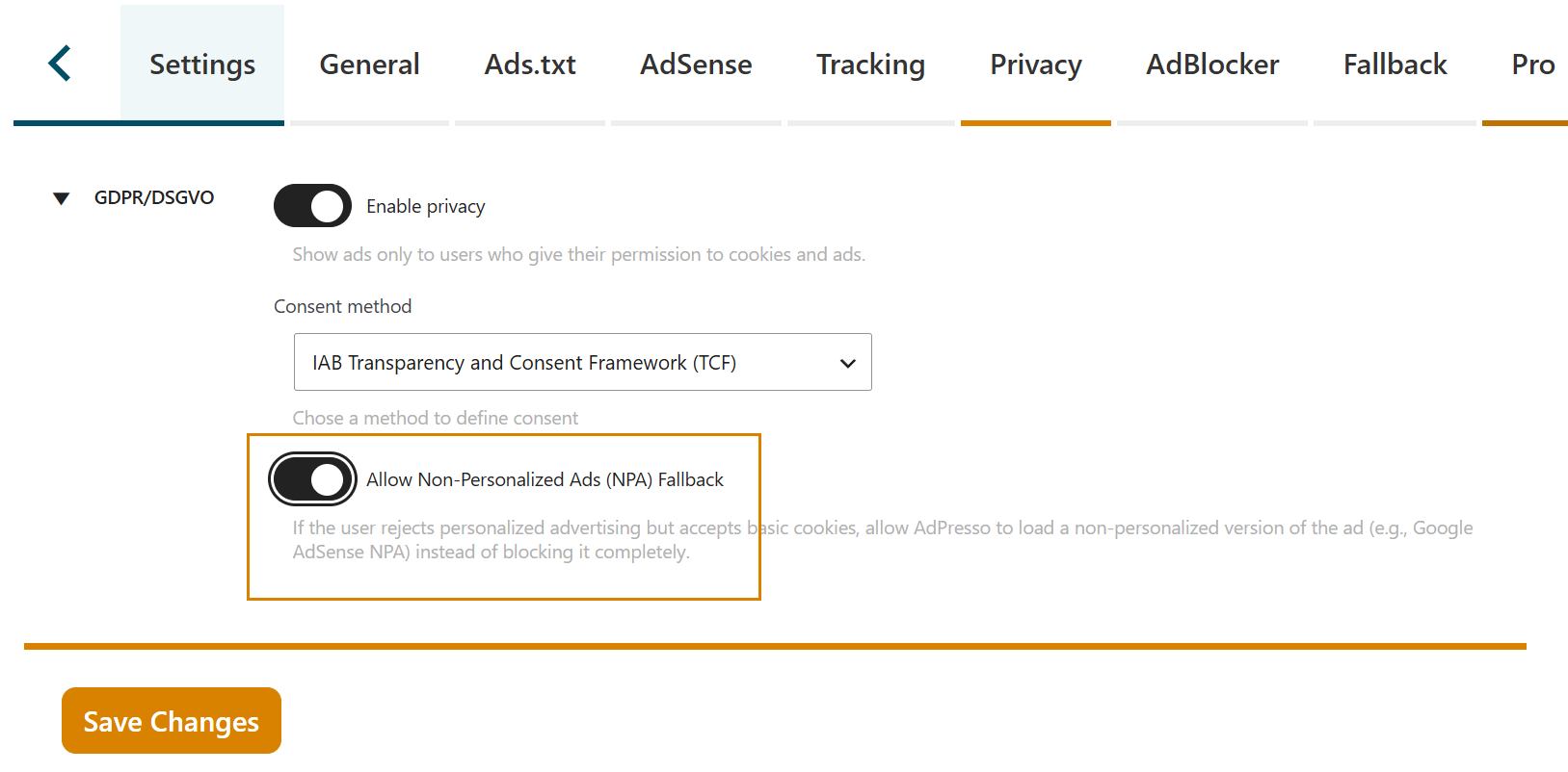 AdPresso Privacy Settings NPA