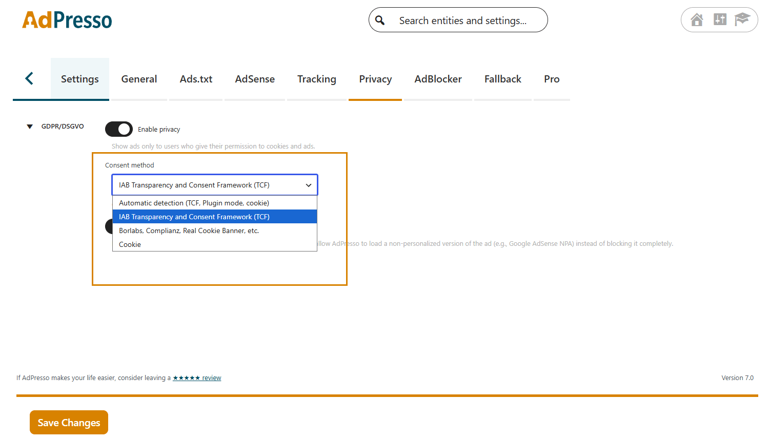 AdPresso Privacy Options