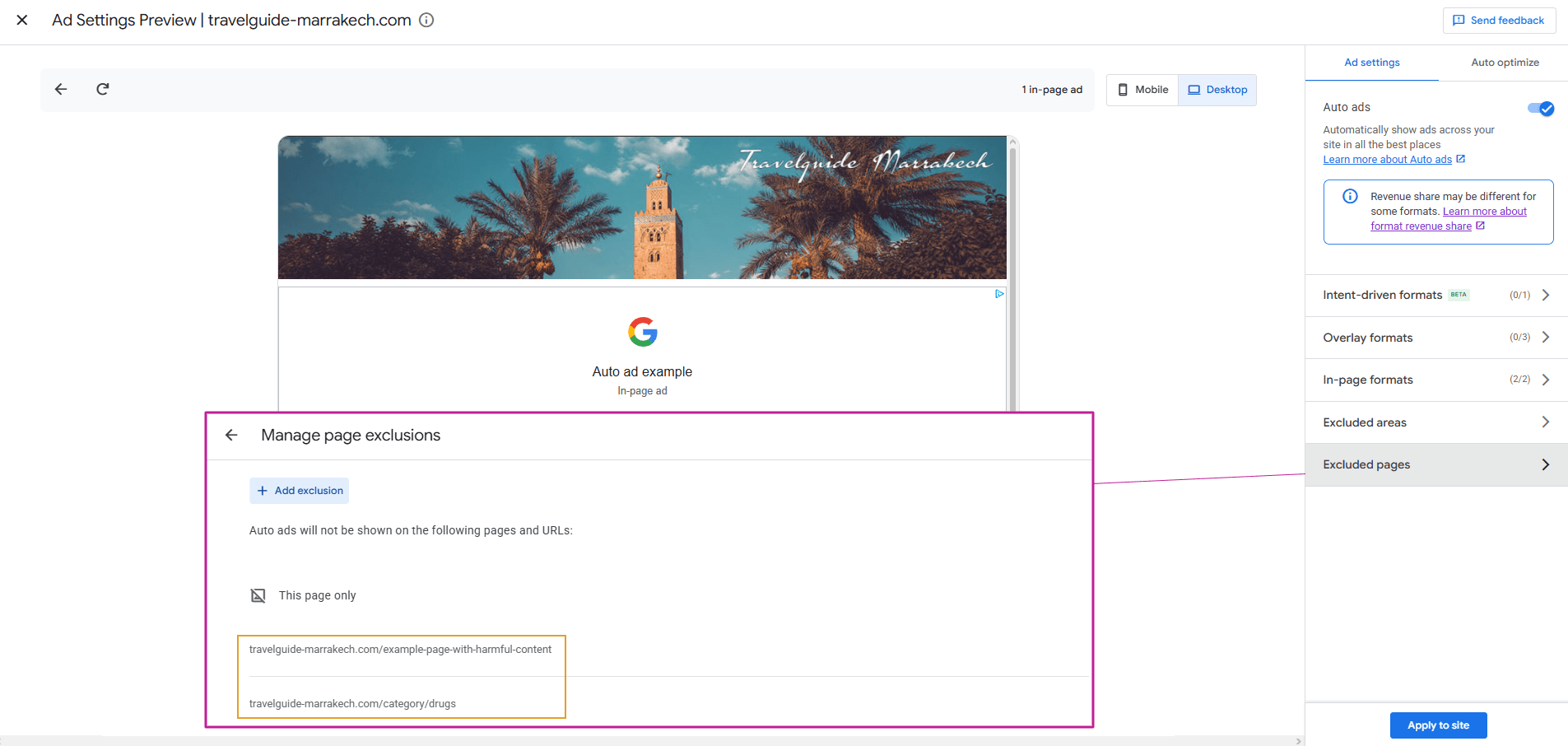 Google AdSense Auto Ads Page Exclusions