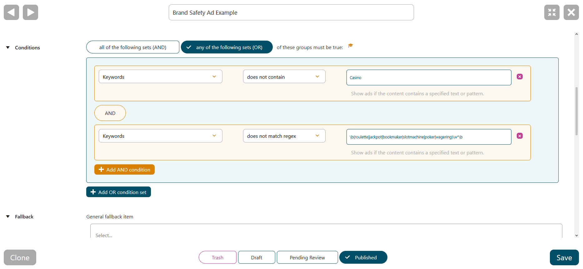 Keyword condition example to ensure brand safety